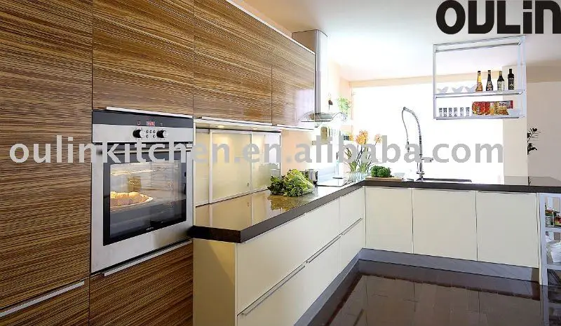 High Quality Wood Veneer Modern Kitchen Cabinets With Microwave