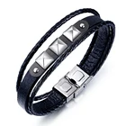 Vintage Punk Style Inspirational Cuff Fashion Geometric Stainless Steel Leather Bracelet Genuine