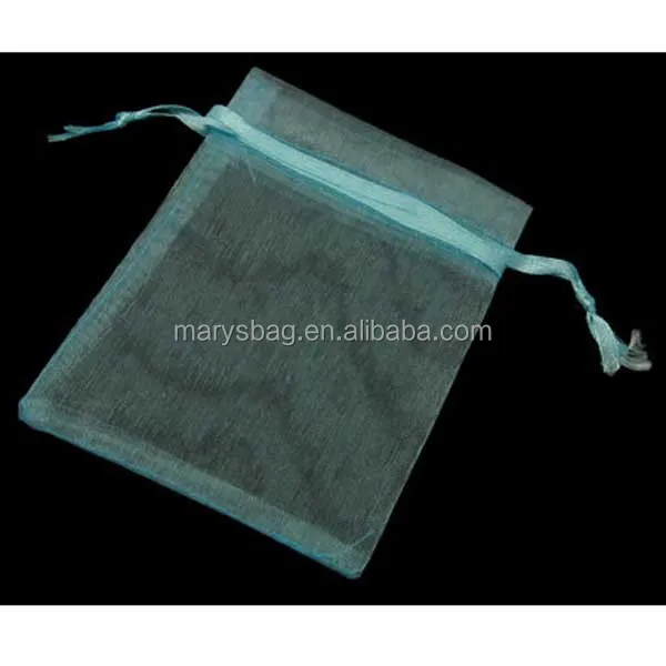 light blue organza drawstring bag with satin ribbon