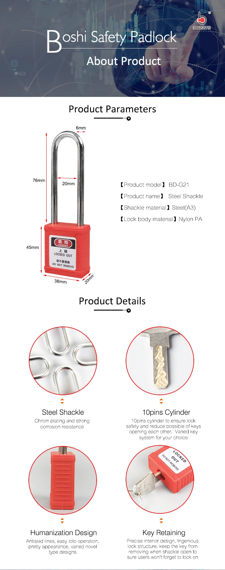 Industrial Safety Long Steel Shackle Padlock Keyed Different With Master Key