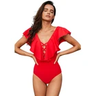 2019 wholesale V neck falbala one piece modest red swimwear women