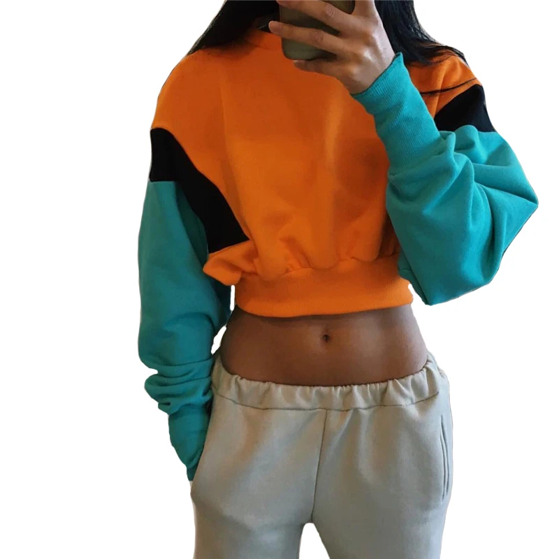 Hot fashion street style short loose stitching sweatshirt long sleeve crop top for women, Orange and blue
Hot fashion street style short loose stitching sweatshirt long sleeve crop top for women, Orange and blue