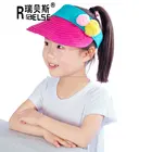 Image Big Brim Sun Visor Beach Kids Girls Beach Pompom Ball UPF 50 Summer Big Fold-up Brim Sun Protection Visor Hat