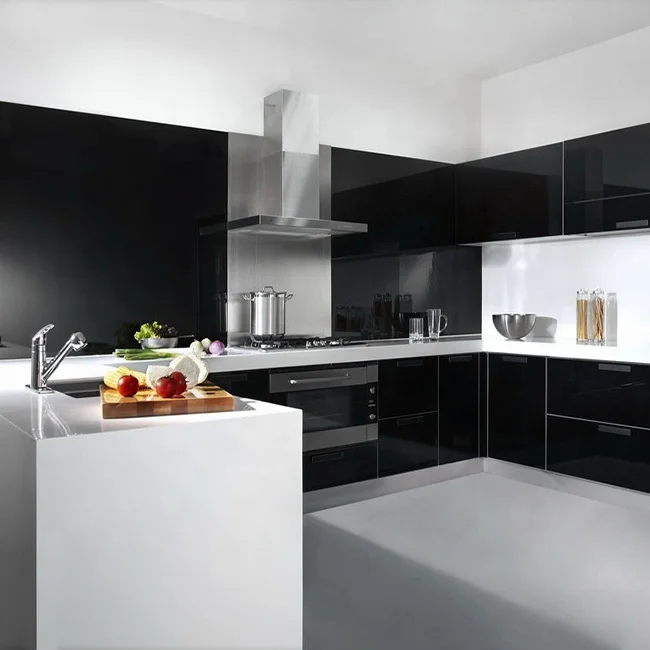 High Gloss Black Painting Modern Kitchen Cabinets With Frosted