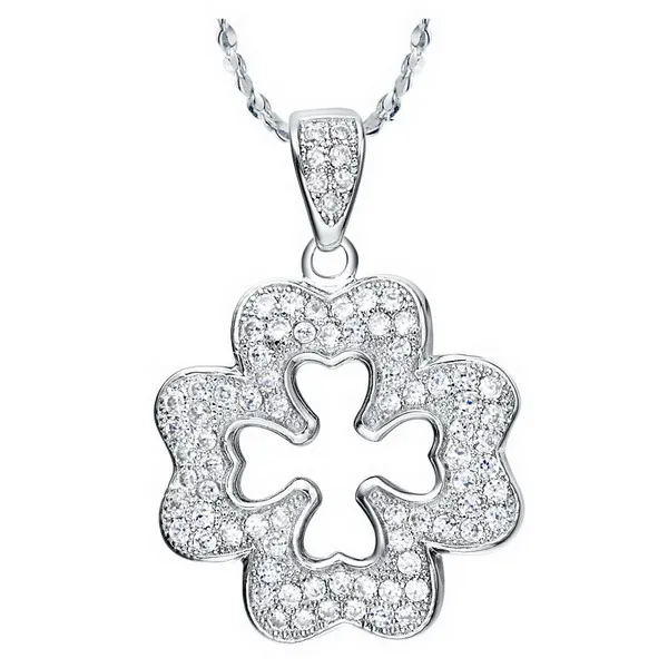 Chic white gold plated zirconia micro paved lucky clover necklace