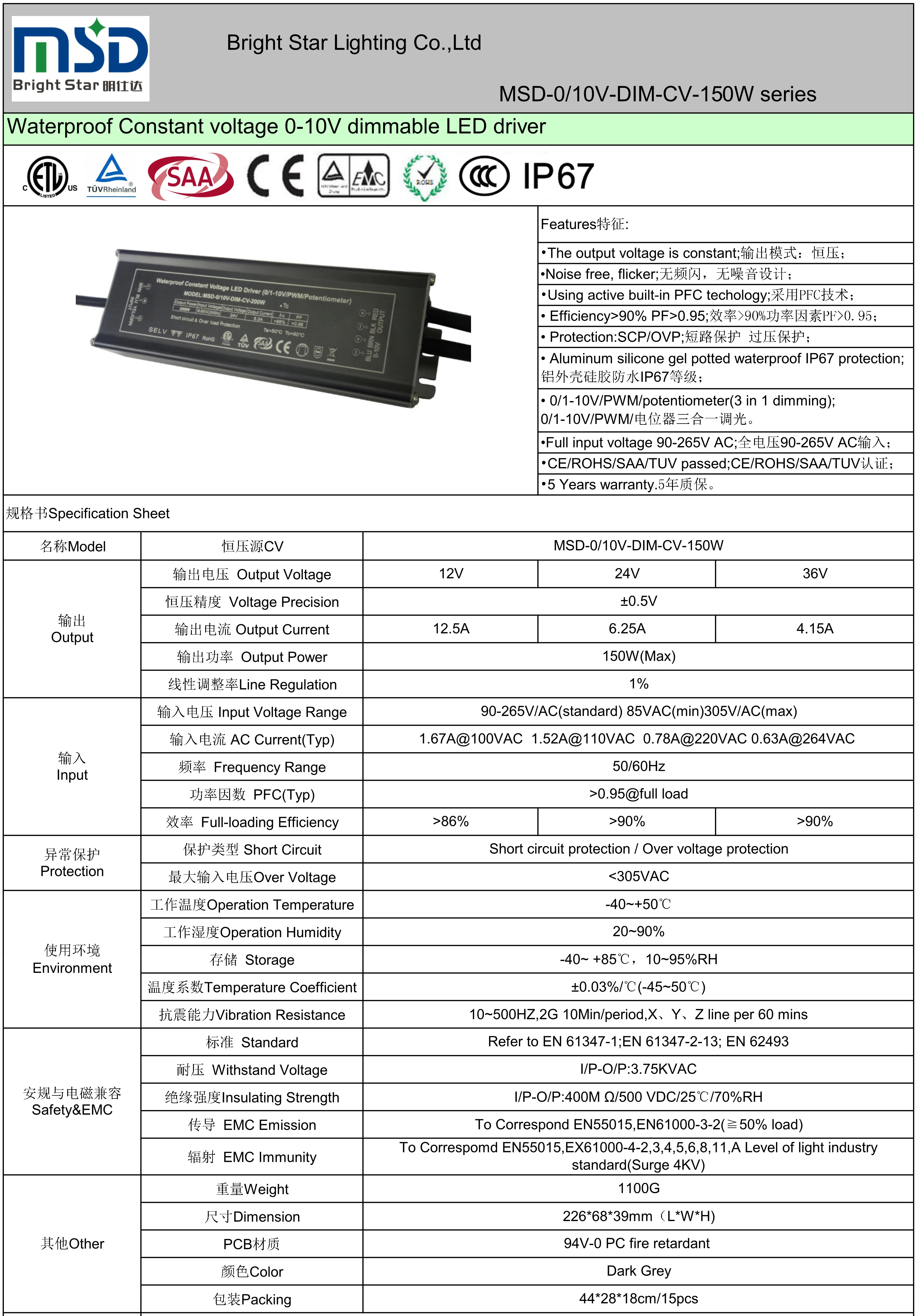 IP67 0-10V 150W Dimming Constant Voltage LED Driver 12V 24V LED Power Supply