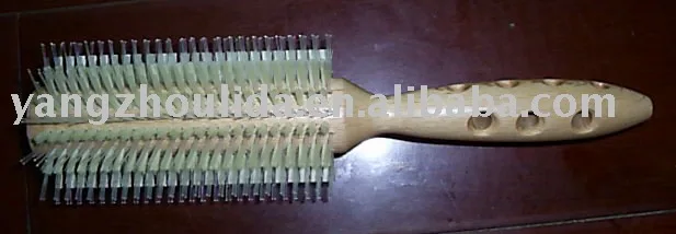 Round wooden handle hair brush with nylon and boar bristles