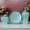 Warehouse blue plain color gold line ceramic temple jar flower bird decorative porcelain Ginger jar vase