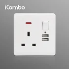 UK/British Neon 3 Pin Wall Socket Outlet and Double USB Plug with 1 Gang Electric Wall Switch USB Power Socket