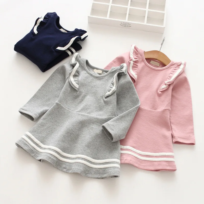 Wholesale kids clothing dress lotus leaf collar long sleeve plain solid casual girls dress, Gray/dark blue/pink
Wholesale kids clothing dress lotus leaf collar long sleeve plain solid casual girls dress, Gray/dark blue/pink