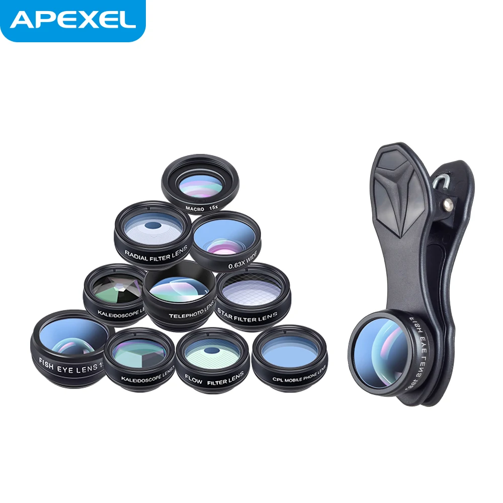 Apexel 2018 wholesale APL-DG10 10 in 1 high quality optical lens kit with universal clip for phone, Black
Apexel 2018 wholesale APL-DG10 10 in 1 high quality optical lens kit with universal clip for phone, Black