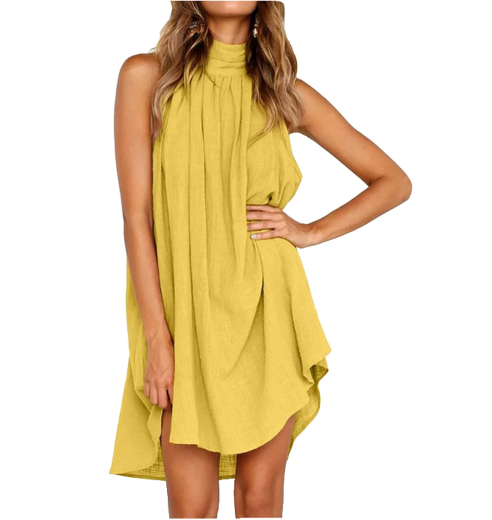 Ladies Summer Dress Casual Sexy Turtleneck Sleeveless Solid color Cotton and linen Loose Pleated Mini Dresses, Yellow black white green
Ladies Summer Dress Casual Sexy Turtleneck Sleeveless Solid color Cotton and linen Loose Pleated Mini Dresses, Yellow black white green
