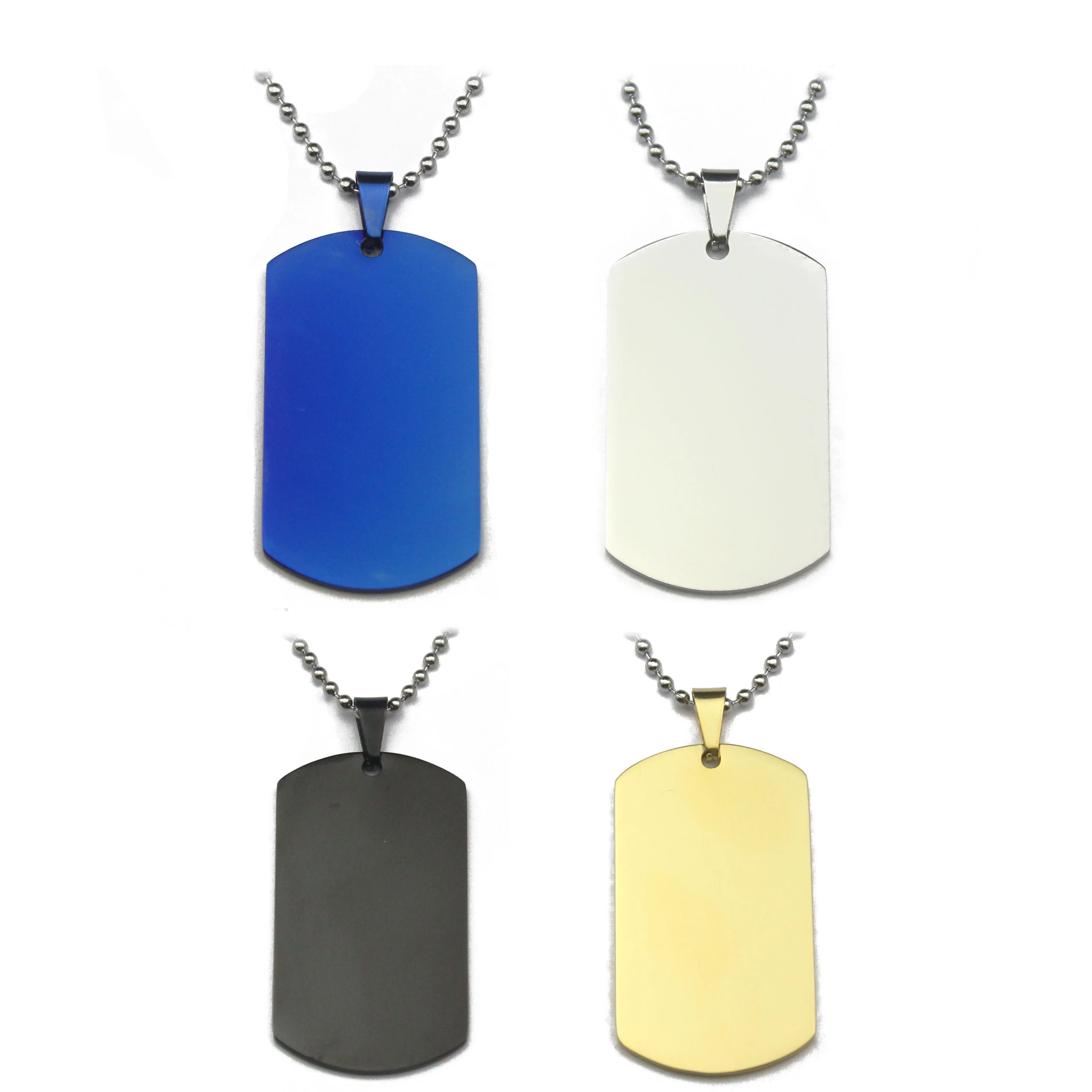 Size 39*23*1.8mm Wholesale ball chain blank ID pendant stainless steel military dog tags with different color necklace, Silver/black/gold blue
Size 39*23*1.8mm Wholesale ball chain blank ID pendant stainless steel military dog tags with different color necklace, Silver/black/gold blue