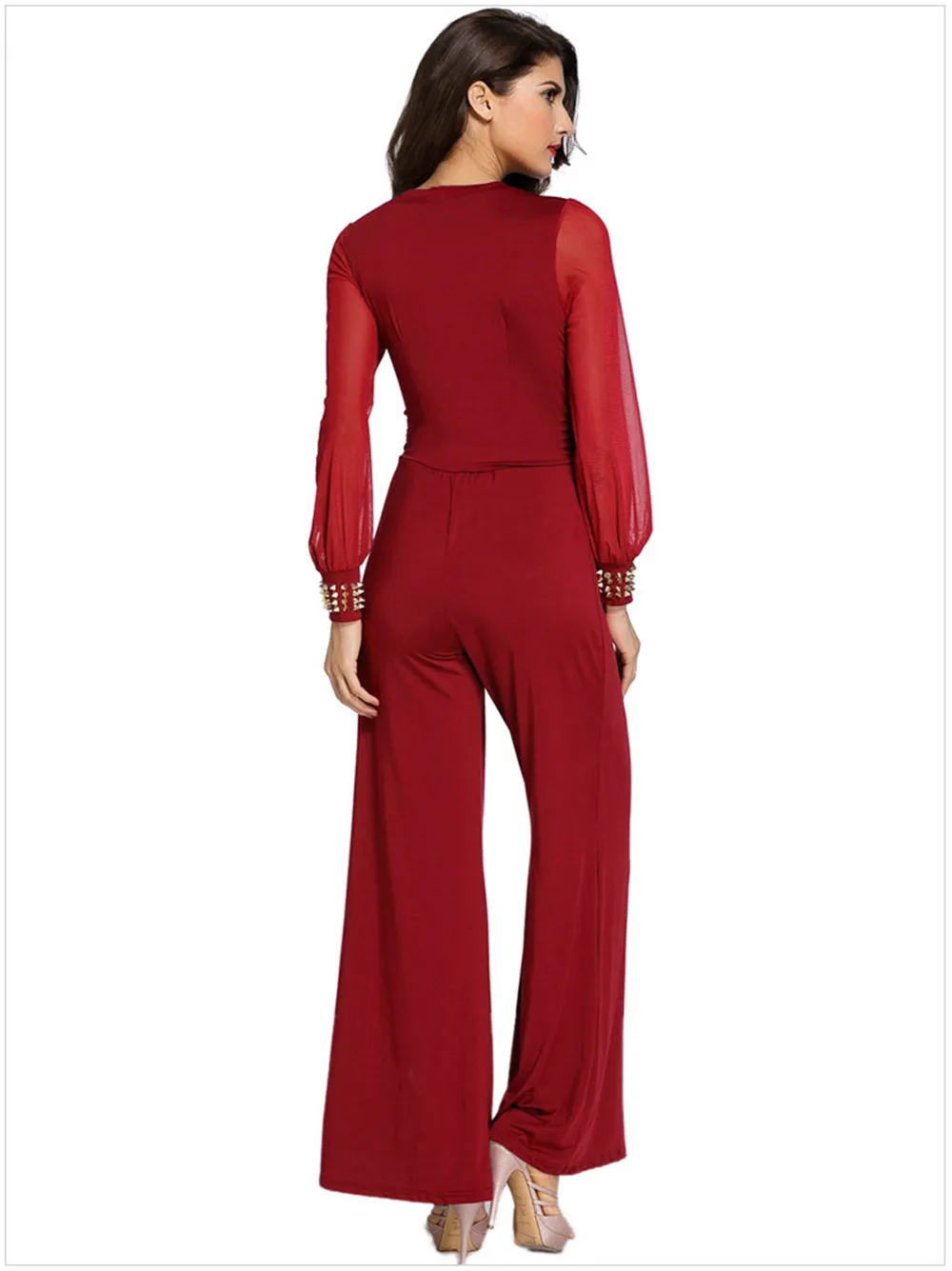 Sexy Deep V-neck Embellished Cuffs Jumpsuit 2018 Spring Party Mesh Sleeves Loose Club Pant Long Black Rompers Womens Jumpsuit (13)