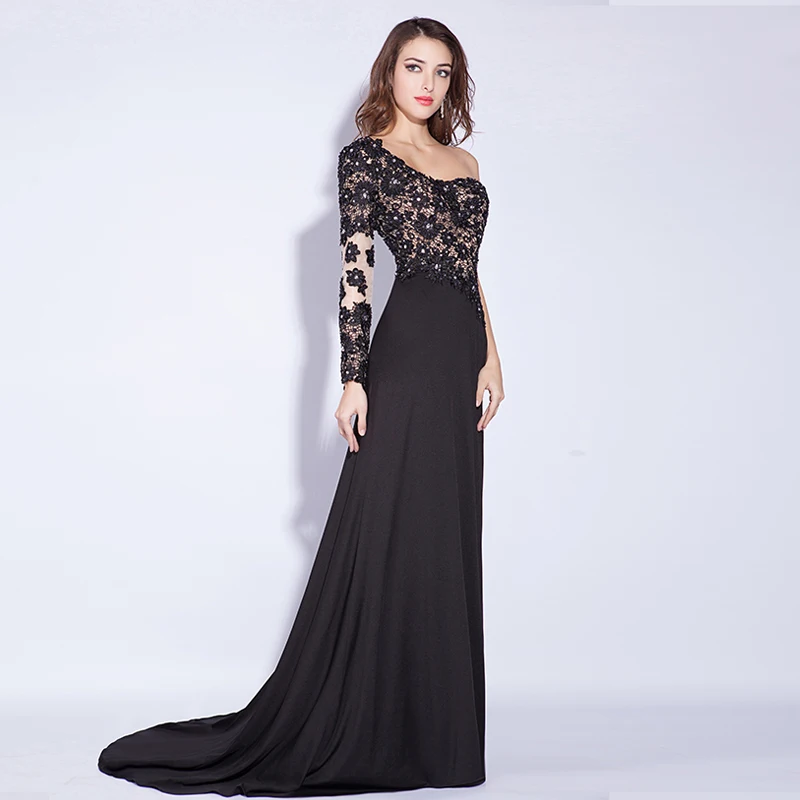 New Fashion Long Bling Black Evening Dress Porn One Shoulder Long Sleeve  With Lace And Bead - Buy Evening Dress Long Bling,Black Evening Dress ...