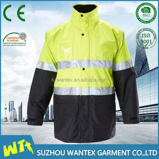 cheap reflective safety waterproof jacket with hidden hood