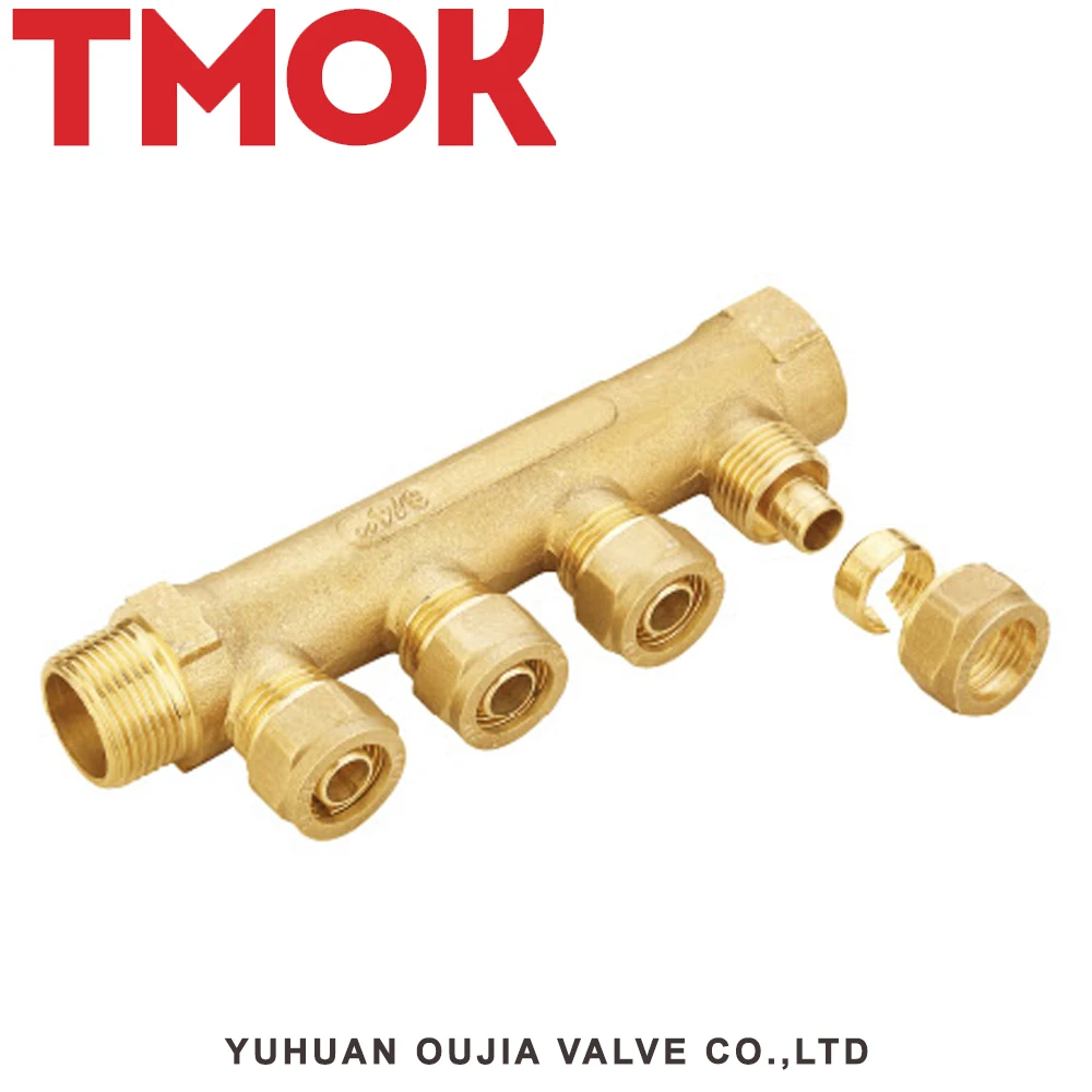 brass color four-way water manifold