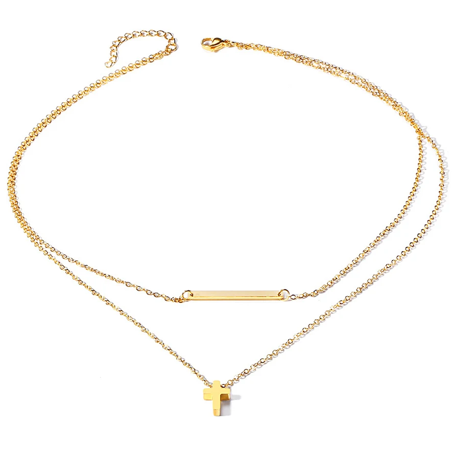 Custom stainless steel double pendant chain gold plated layered bar dainty cross necklace for women
Custom stainless steel double pendant chain gold plated layered bar dainty cross necklace for women
