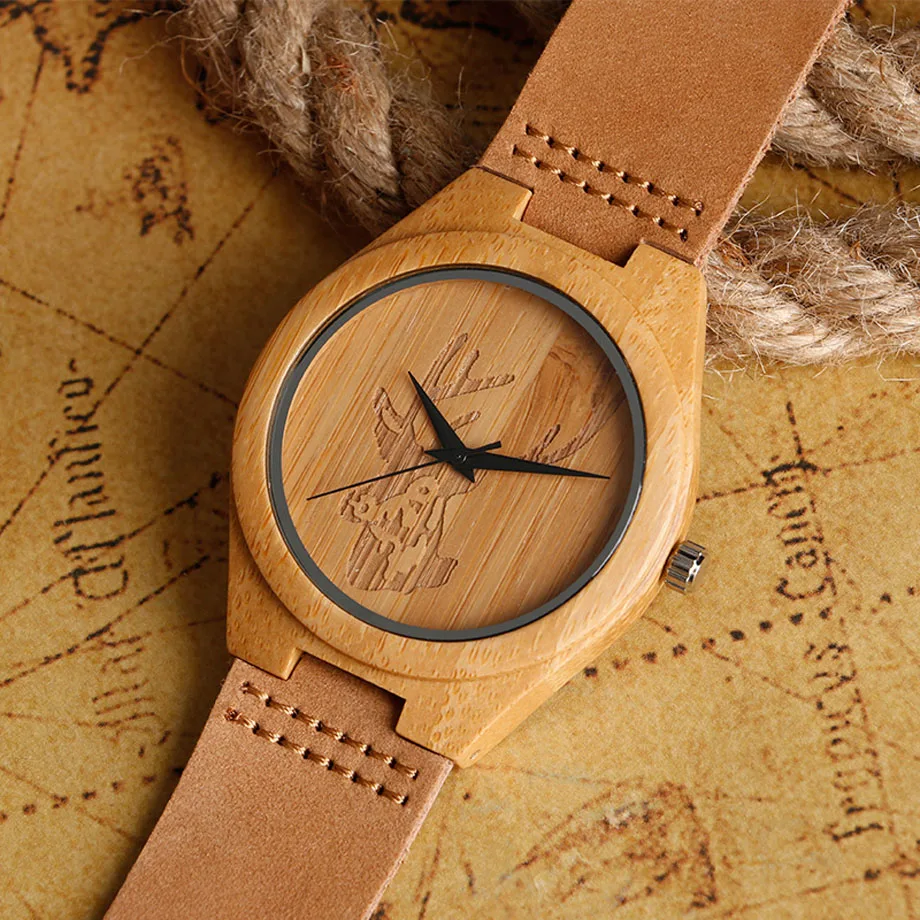 High Fashion Bamboo Natural Wood Watches Deer Moose Head Brown Standard Men Dress Watch Analog Round Clock Gift 2017 (23)