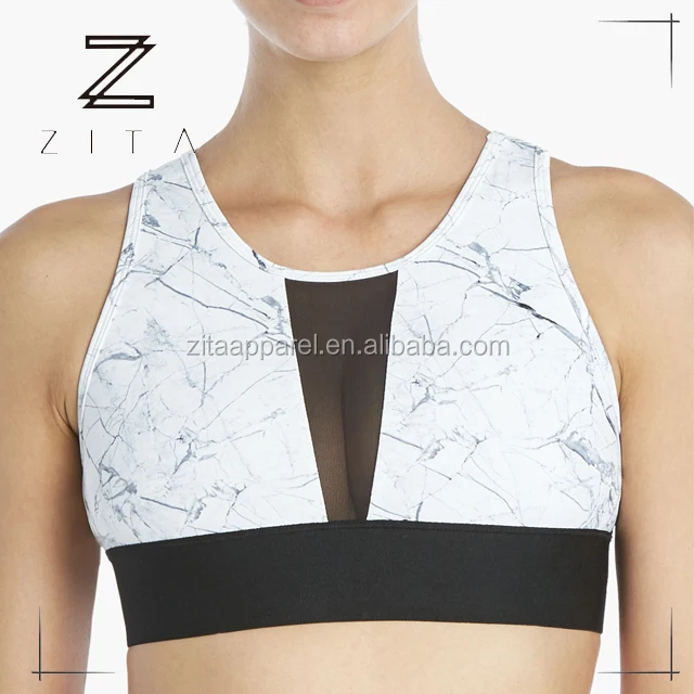 High Quality Ladies Women Custom Marble Printed With Back Mesh Bras Comfort Sports Bra with Removable Pads