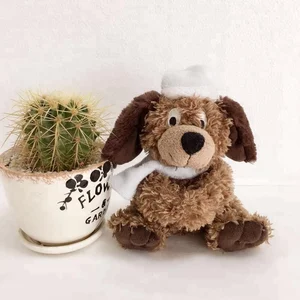 soft plush stuffed dark brown teddy dog toy with white scarf and