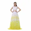 Free Shipping-2017 Real Photo Two Piece Yellow Chiffon Applique Long Women's Summer Beach Prom Dress