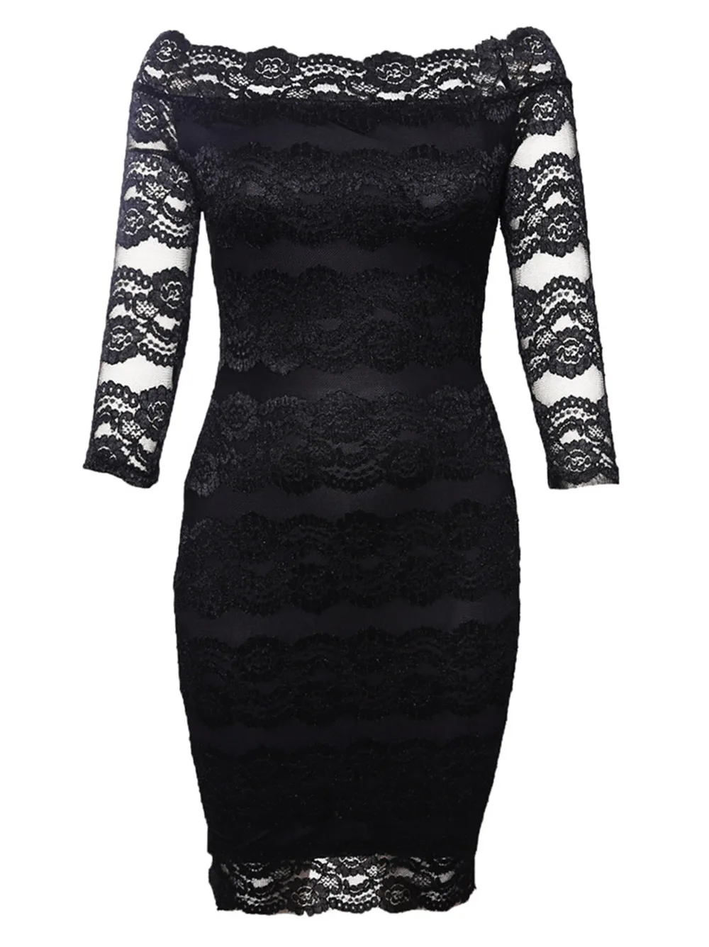 Vintage Office Ladies Dress 2018 Spring Party Sexy Dress Slash Nech Black Lace Scalloped Off Shoulder Midi Dresses Vestido (12)