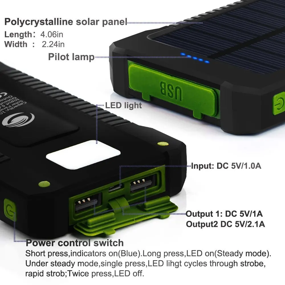 Waterproof 10000mAh Portable Compass Solar Charger Dual USB Battery Power Bank For iPhone for Samsung Smartphone - ANKUX.COM