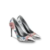 Wholesale metallic silver leather upper shoes with delicate floral motifs shiny leather womens high heels