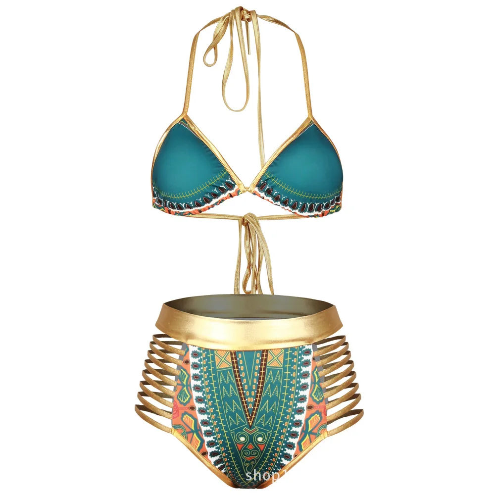 2019 hot sale printing bronzing straps African bikini hanging neck split swimsuit, As show or customized
2019 hot sale printing bronzing straps African bikini hanging neck split swimsuit, As show or customized