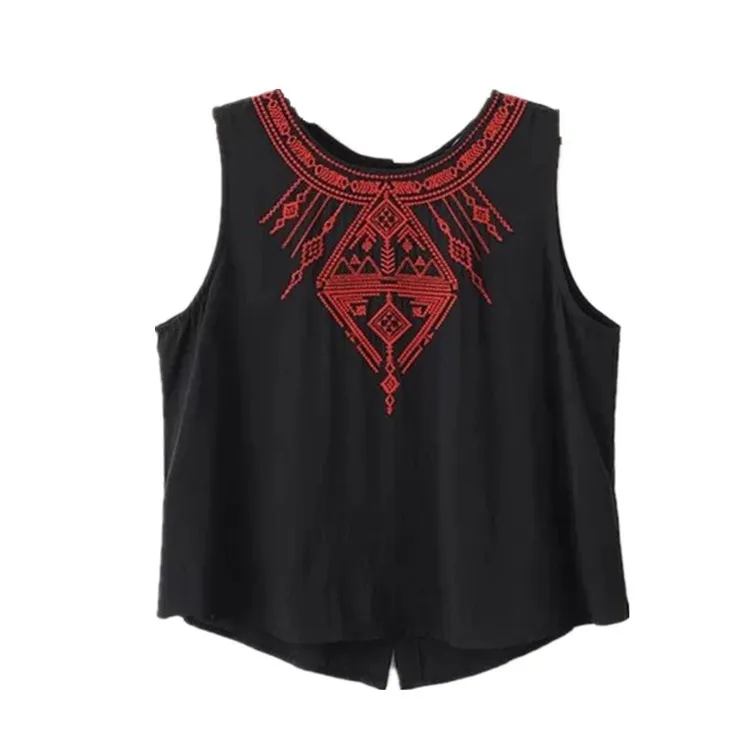 more stylish 2015 spring and summer new national wind Ms. embroidered sleeveless cotton shirt back button vest female T-shirt