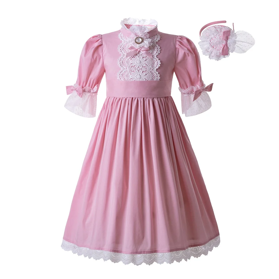 

Pettigirl New Pink Dot Girl Flower Dress Lace Communion Long Dress With Headwear