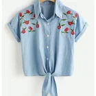 D&S factory dropshipping crop top short sleeve shirt women embroidered floral shirt