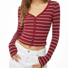 2019 New Fashion Women V-neckline Blouse Ribbed Knit Pinstriped Top