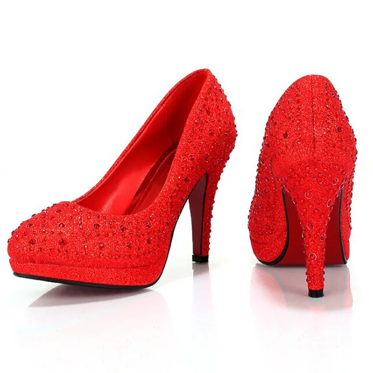 Shallow Mouth Pointed High-Heeled Red Rhinestones Wedding Shoes Fine Heel Shoes Bridal 2015 Dress Shoes Bridesmaid Shoes