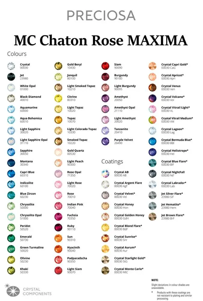 Preciosa Rhinestones Color Chart