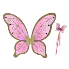 New style Foldable pink paint ,gold glitter printing Royal butterfly fairy wing and star wand set for party decoration