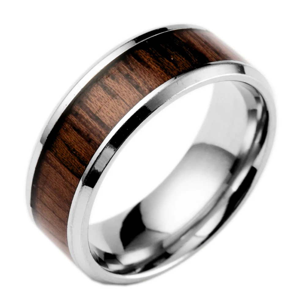 Fashion Stainless Steel PVD Plated Wood Blank Ring For Men