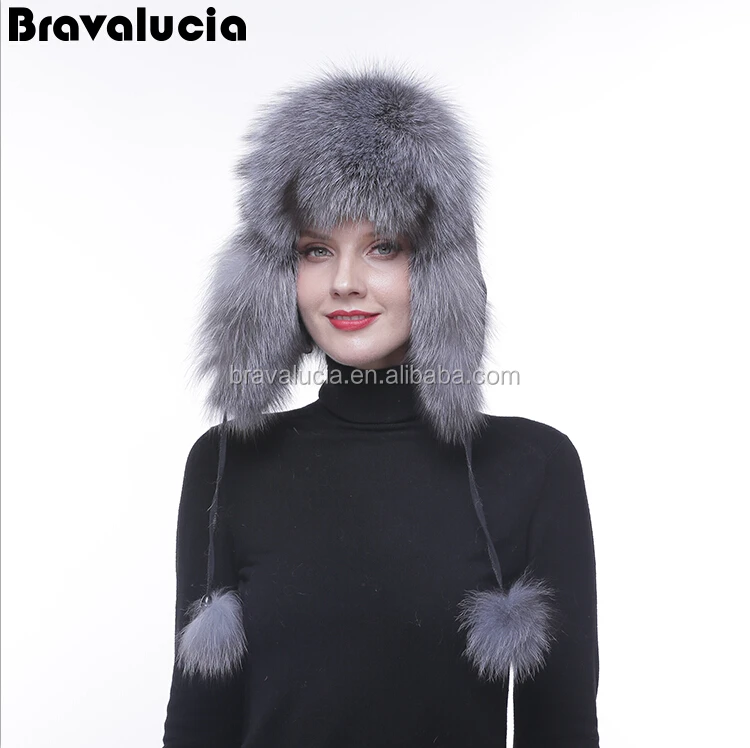Ladies' Casual Winter soft Genuine Fur Cap Women trapper blue Winter Fox Fur Hat