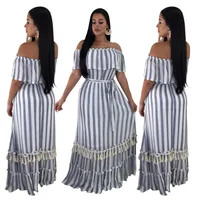 2019 New trending flouncing off the shoulder striped pleated women long maxi dress with belt
2019 New trending flouncing off the shoulder striped pleated women long maxi dress with belt