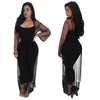 Sexy lace transparent diamond black long bodycon dress with mesh cover up