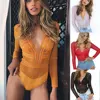 Sexy Lace Bodysuits Women Deep V Neck Long Sleeve Bodycon Rompers Jumpsuit See-through Overalls