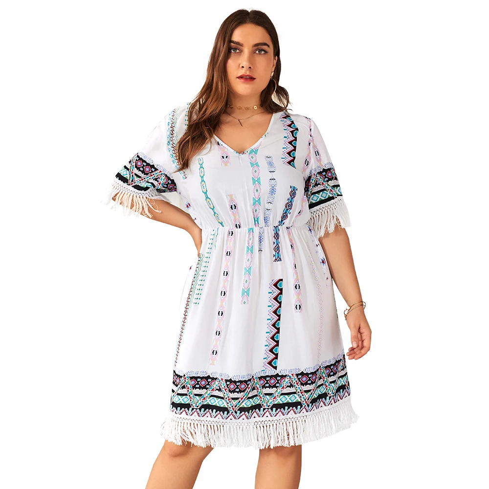 2019 new dress Sexy and unrestrained Tassel short sleeve V collar Party beach skirt Large size Broken side dress, Picture color
2019 new dress Sexy and unrestrained Tassel short sleeve V collar Party beach skirt Large size Broken side dress, Picture color