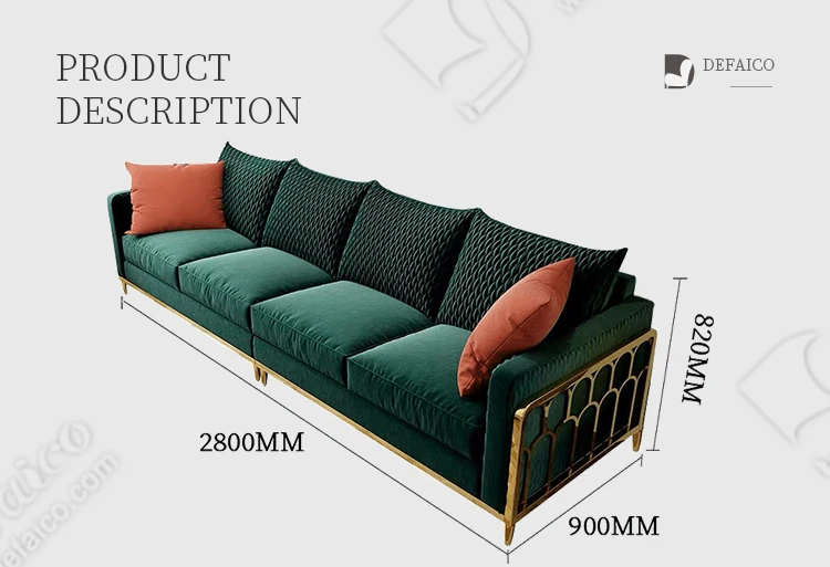Green Velvet Banquet Chromed Stainless Steel Legs Living Room Luxurious 4 Settee Sofa with Cushion