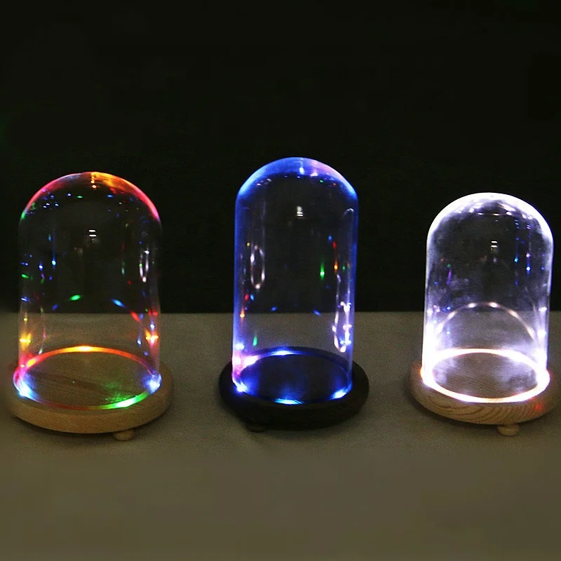 En gros télécommande mini LED lumière verre dôme cloche cloche en verre avec base en bois