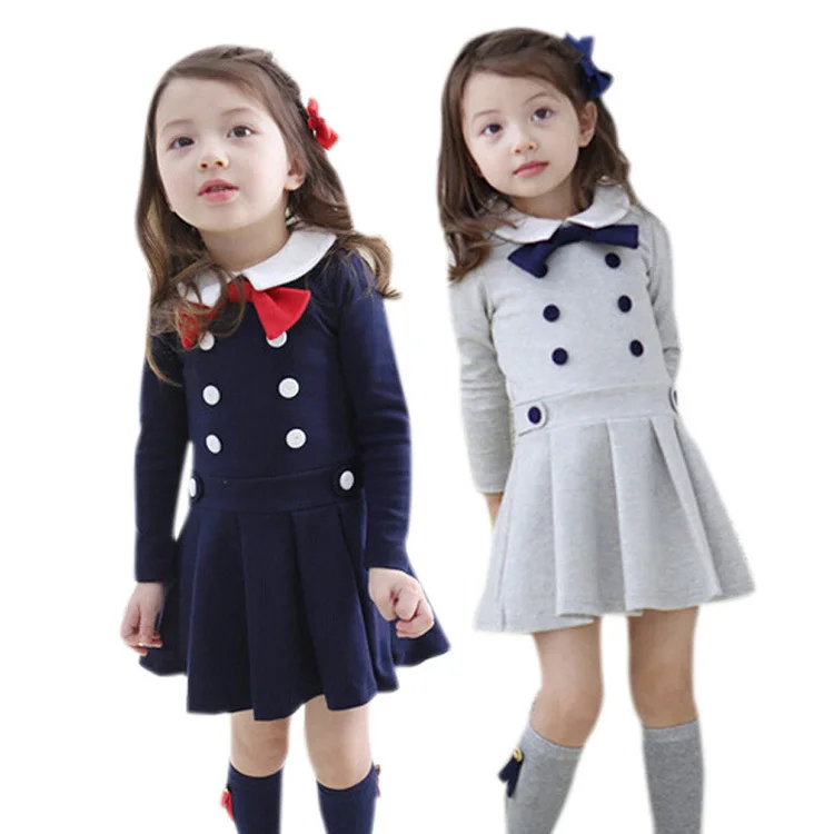 Hot selling kids clothes bow design girls dresses spring autumn school dress cotton double-breasted buttons children clothing