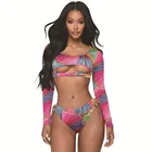 summer hot sale beach ladies fashion hollow out long sleeve floral printed swimwear tankinis sexy woman bikini