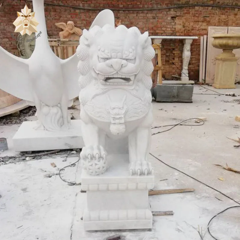 Style chinois sculpté à la main jardin lion blanc marbre pierre chien fu NTKM-002Y