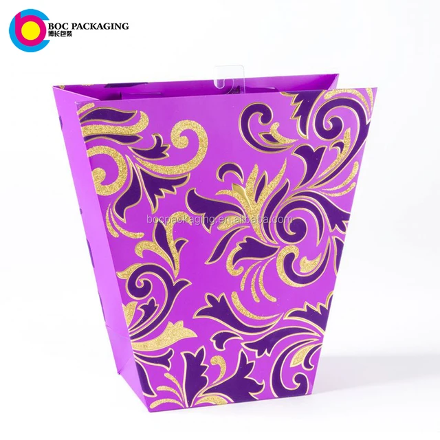 customized fancy glitter trapezoid paper gift bag with ribbon