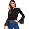 2019 Spring Korean Clothes Slim Fit Tee Ladies Tops Black Floral Lace Bell Long Sleeve Ruffle Long Sleeve Shirt Women